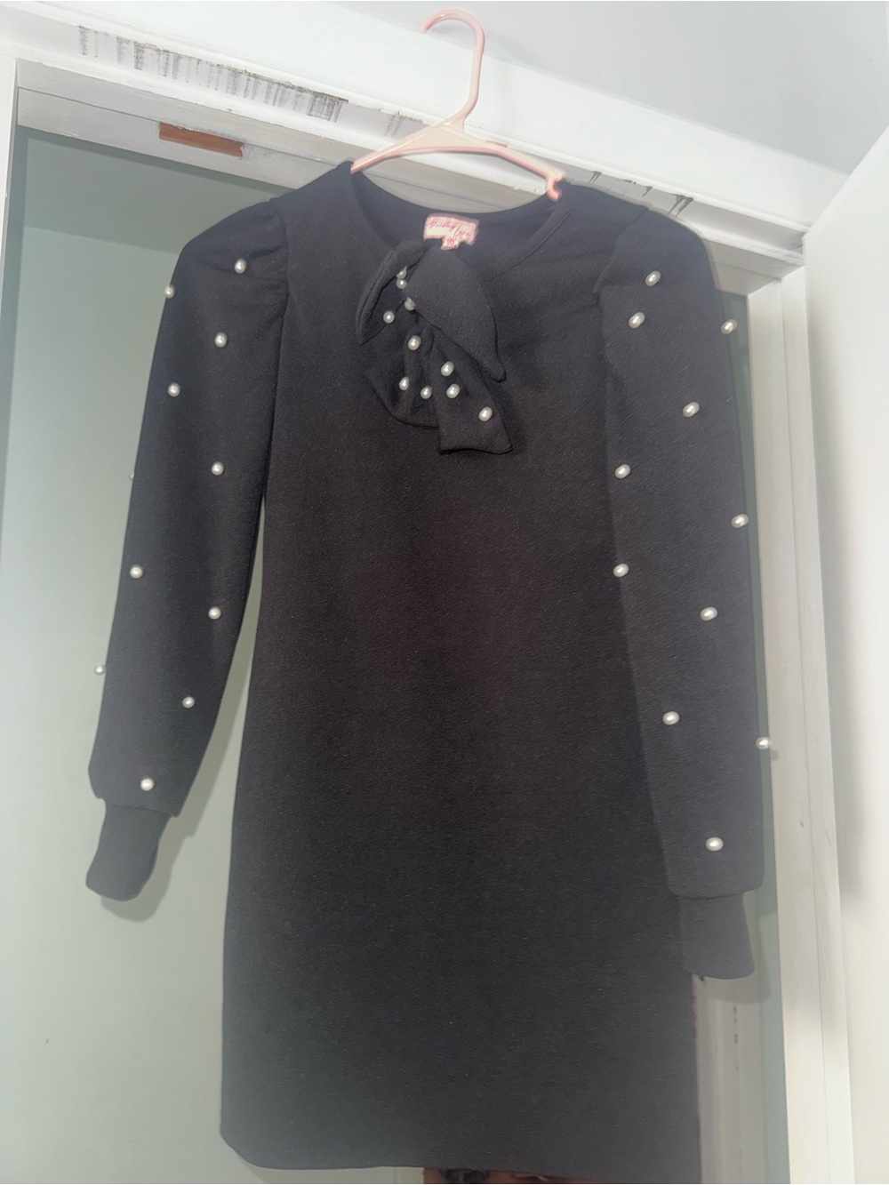 Girls Black Pearl-Embellished Bow-Front Formal Dress